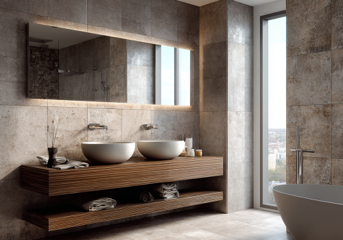 Modernes Badezimmer mit Doppelwaschbecken und freistehender Badewanne – Badrenovierung von Prylewski SHK in Limburg